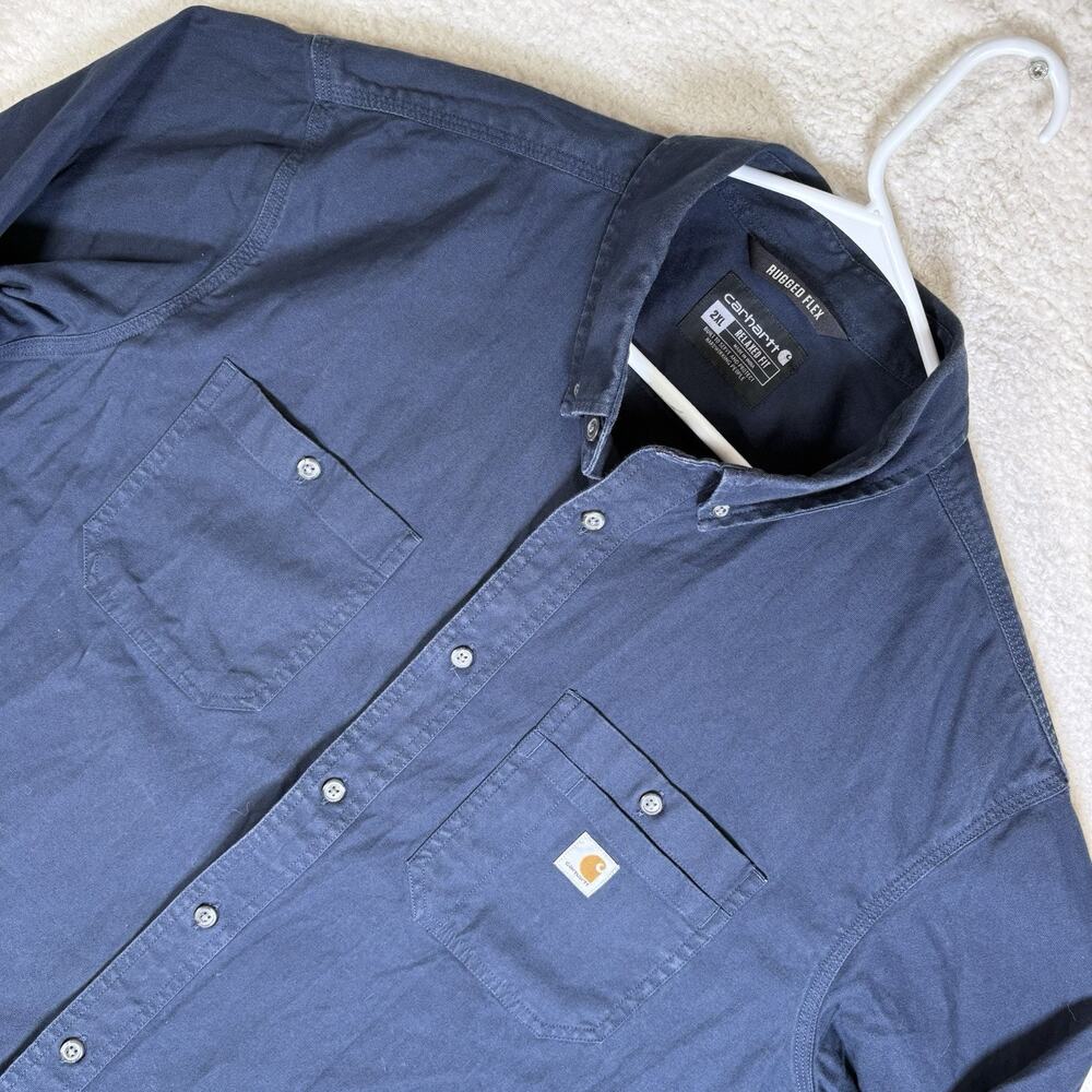 Carhartt Work Shirt Mens 2XL Blue 103554 Rugged Flex Relaxed Fit Canvas Cotton